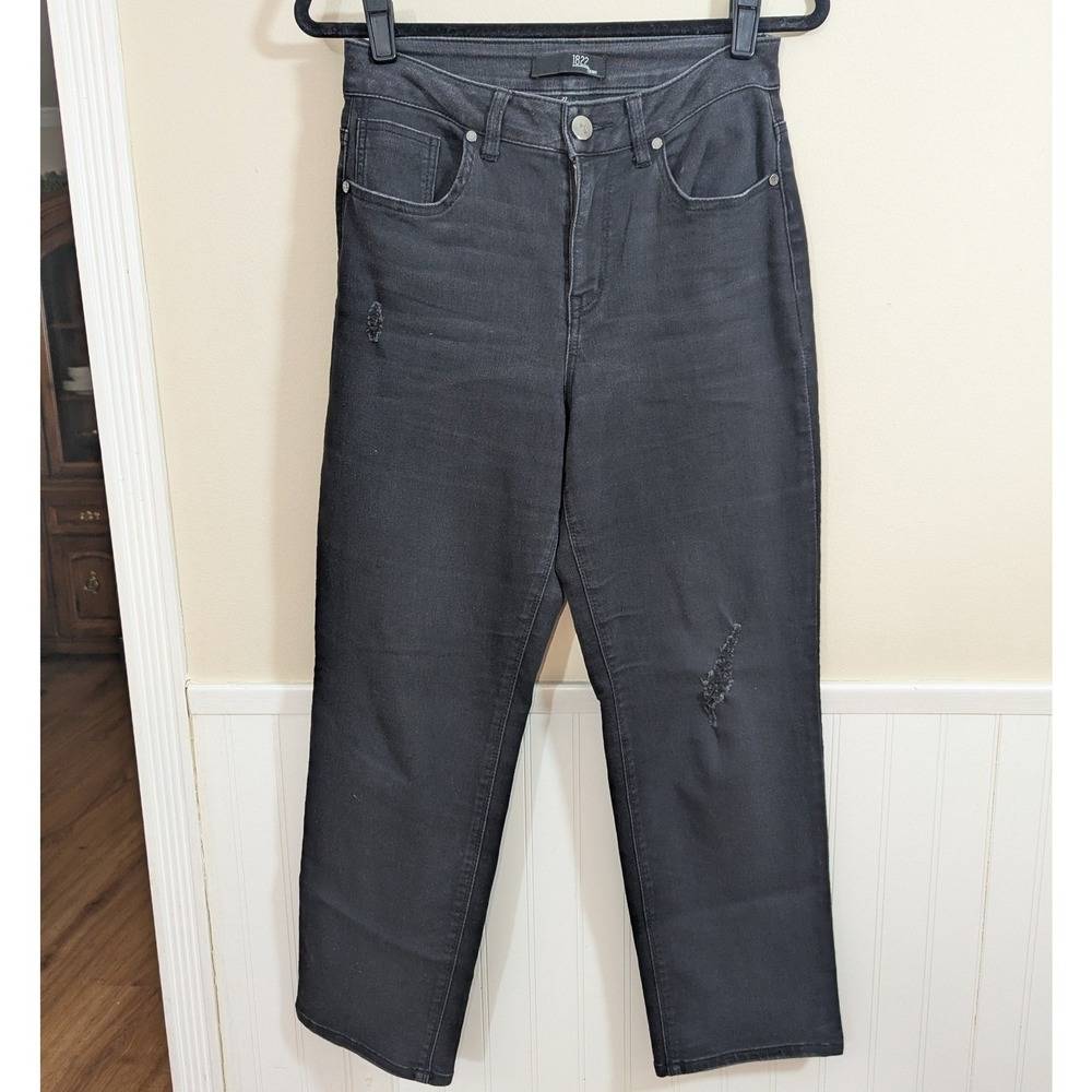 1822 Denim Womens High Rise‎ Straight Leg Distressed Jeans Faded Black Size 27